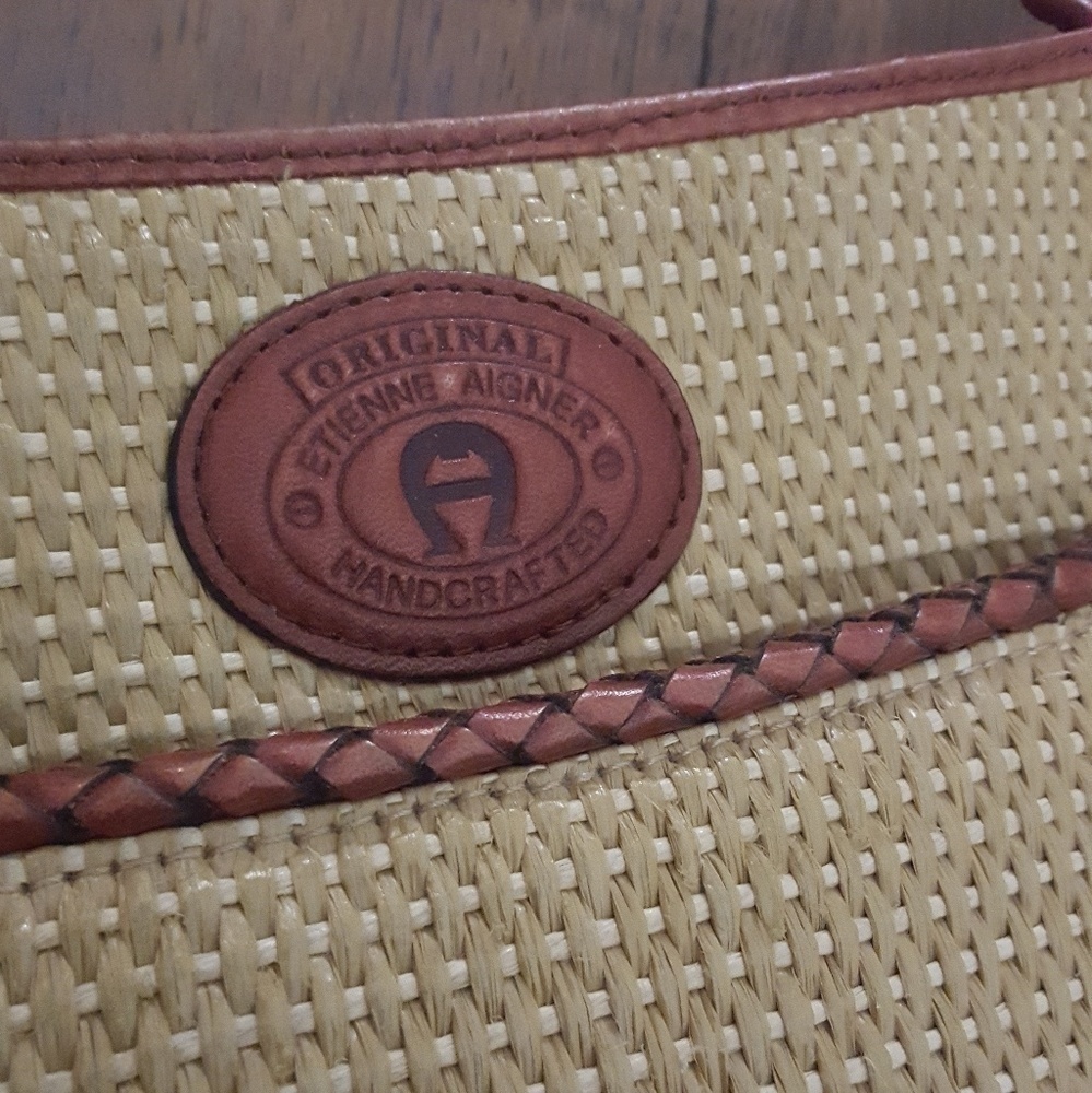 Etienne Aigner‎ Woven Straw Leather Trim Crossbody Bag Tan Cognac Brown Vintage - Picture 6 of 7